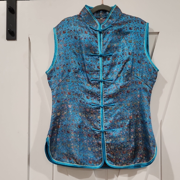 Kimono Blue Embellished Sleeveless Blouse with Mandarin Collar Japanese Tunic - Picture 1 of 8